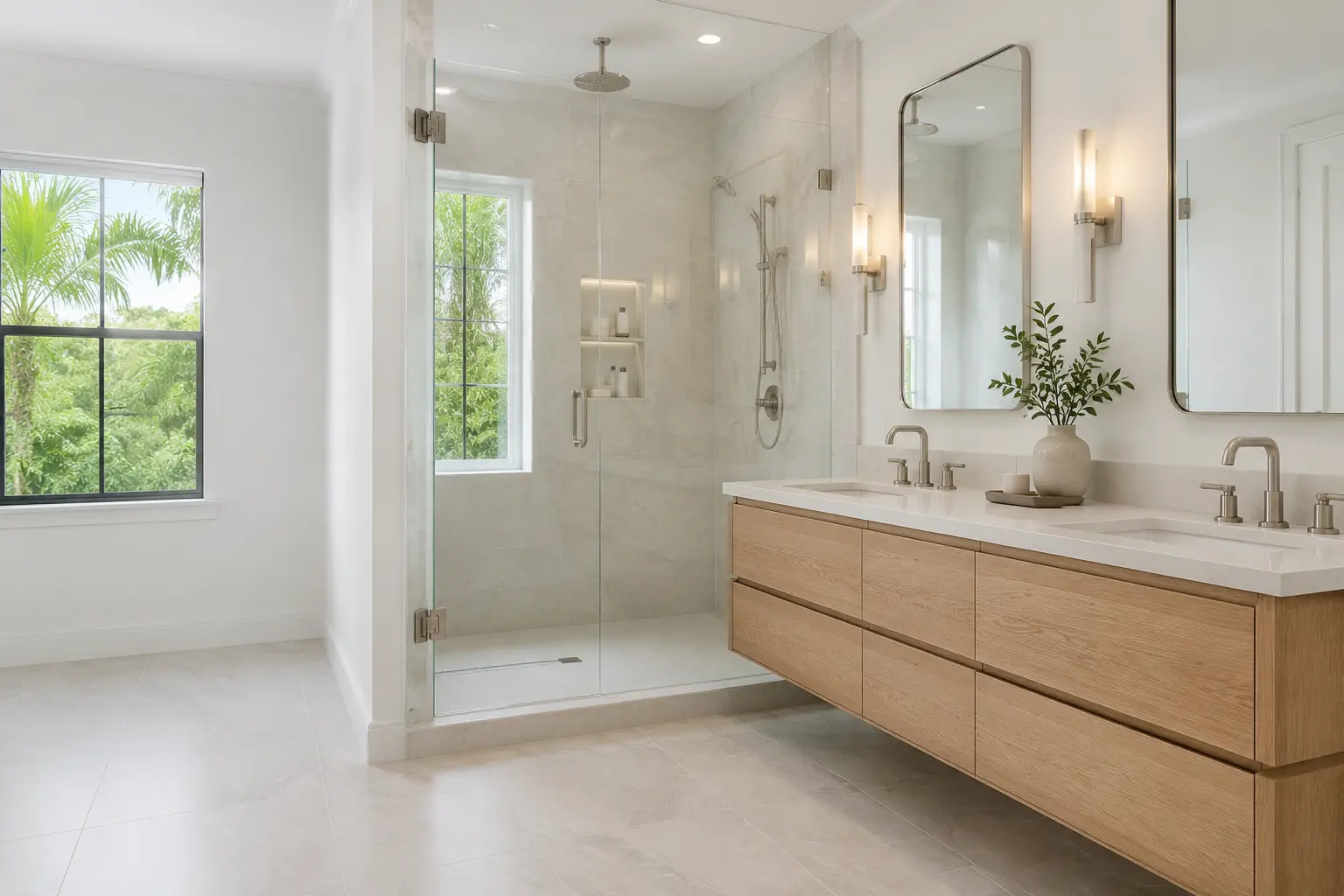 High-end bathroom remodel with a frameless glass shower and custom white oak vanity